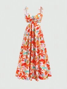 Sweetra Áo voan dài hở lưng in họa tiết hoa hở lưng dây mảnh cho nữ - Màu Cam cháy - Xem 1