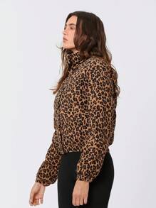 Easelle Snap-Button Leopard Print Corduroy Down Jacket - Brown - View 6