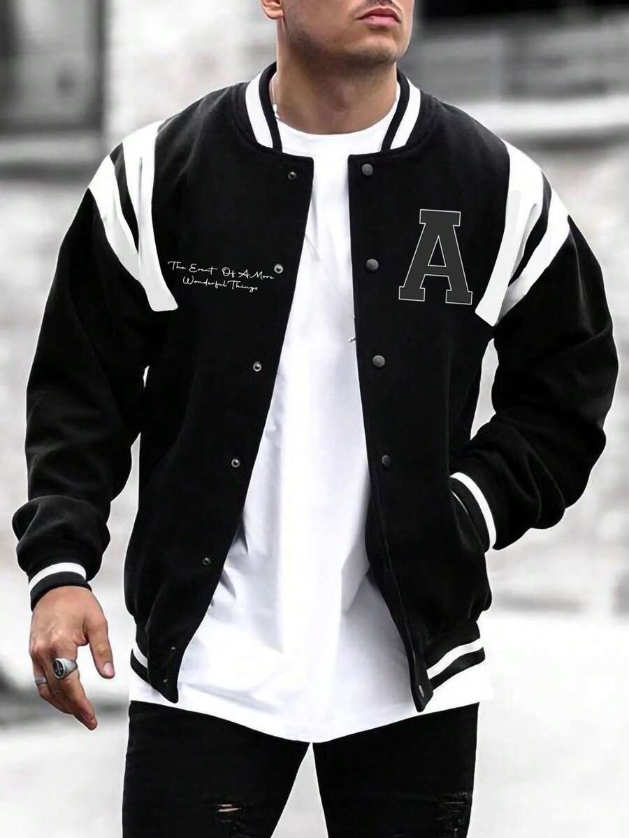 Manfinity Homme Áo khoác Varsity họa tiết sọc kẻ Slogan cho nam, tay dài, khối màu, áo khoác bóng chày, bạn bè - Đen và trắng - Xem 1