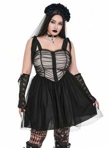 Flirla Goth Punk Gothic Punk Style Vintage Ruffle Mesh Patchwork Gathered Waist Dress, Halloween/Dark Punk - Black - View 6