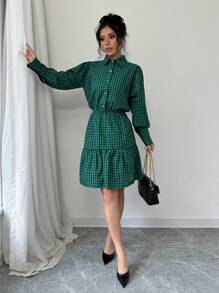 Chiquease Button Front Long Sleeve Collared Collegiate Pattern A-Line Waist Shirtdress - Green - View 4