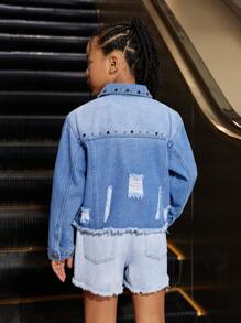 Medium Wash Denim Girl's Distressed Studded Frayed Jacket And Shorts Set - Medium Wash - View 3
