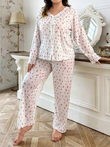 Conjunto de pijama de manga larga con lazo y estampado floral diminuto - Multicolor - Ver 5