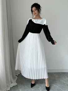 Chiquease Women's Fashion Elegant Frill Collar Black And White Contrast Color Ruffle Hem Dress Fall Cloth For Women - Black and White - View 4
