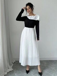 Chiquease Women's Fashion Elegant Frill Collar Black And White Contrast Color Ruffle Hem Dress Fall Cloth For Women - Black and White - View 5