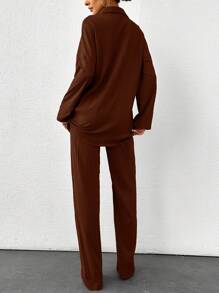 SHEIN Cottnline 棉质高码纯色纹理面料衬衫和裤子两件套 - 棕色 - 查看 2