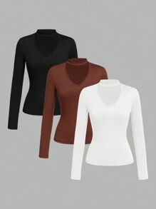 SHEIN LUNE 3pcs/Set Women's Casual V-Neck T-Shirts, Suitable For Fall/Winter Layering - Multicolor - View 1