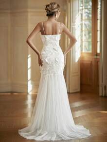 Mesh Mermaid Hem Cami Wedding Dress With 3D Embroidery Applique Patchwork - White - View 2