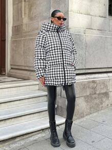 EURMUSE Pied De Poule Printed, Keep Warm Feature, Draw String Hem Detailed Puffer Winter Coat - Black and White - View 1