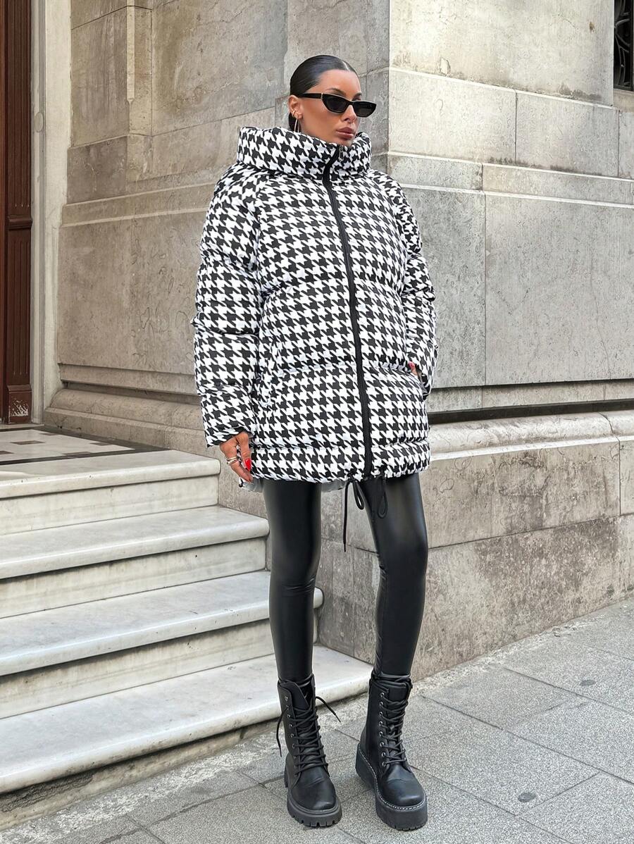 EURMUSE Pied De Poule Printed, Keep Warm Feature, Draw String Hem Detailed Puffer Winter Coat - Black and White - View 1