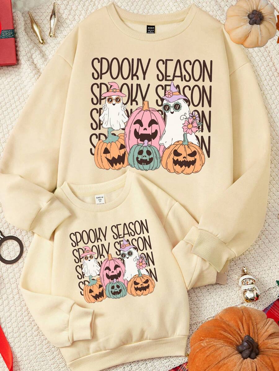 SHEIN Essnce Women's Casual Cute Pumpkin Printed Oversized Crew Neck Sweatshirt, Fall/Winter, Halloween
