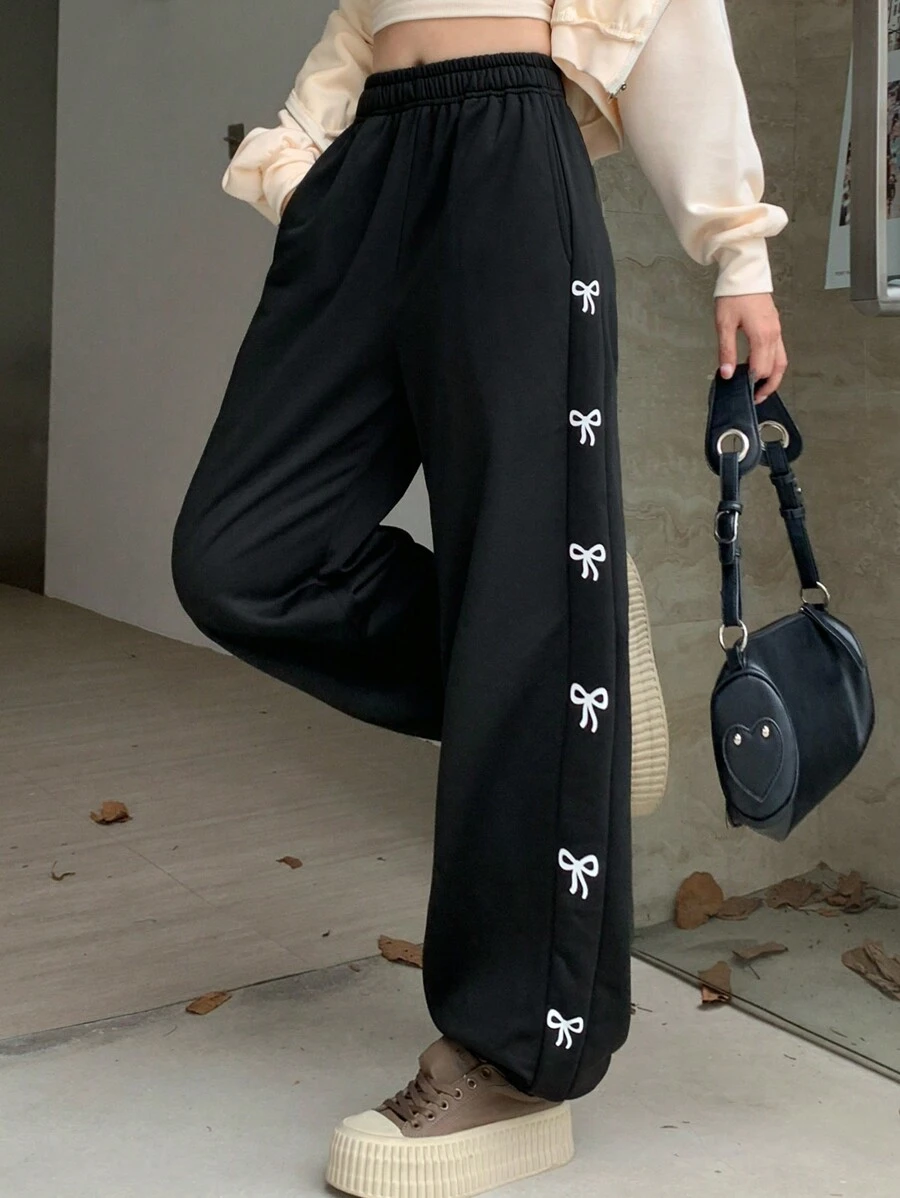 FRIFUL Women's Elastic Side Bow Print Casual Straight Relaxed Sweatpants Women Joggers