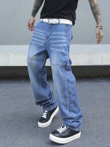 Manfinity EMRG Men's Casual Multi-Pocket Striped Denim Jeans - Blue - View 5