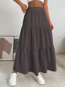 SHEIN EZwear Falda unicolor bajo con fruncido - Café integral - Ver 1