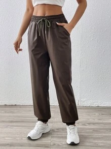 Chiquease Damen einfache braune Leder Hose mit Kordelzug - Braun - Übersicht 4