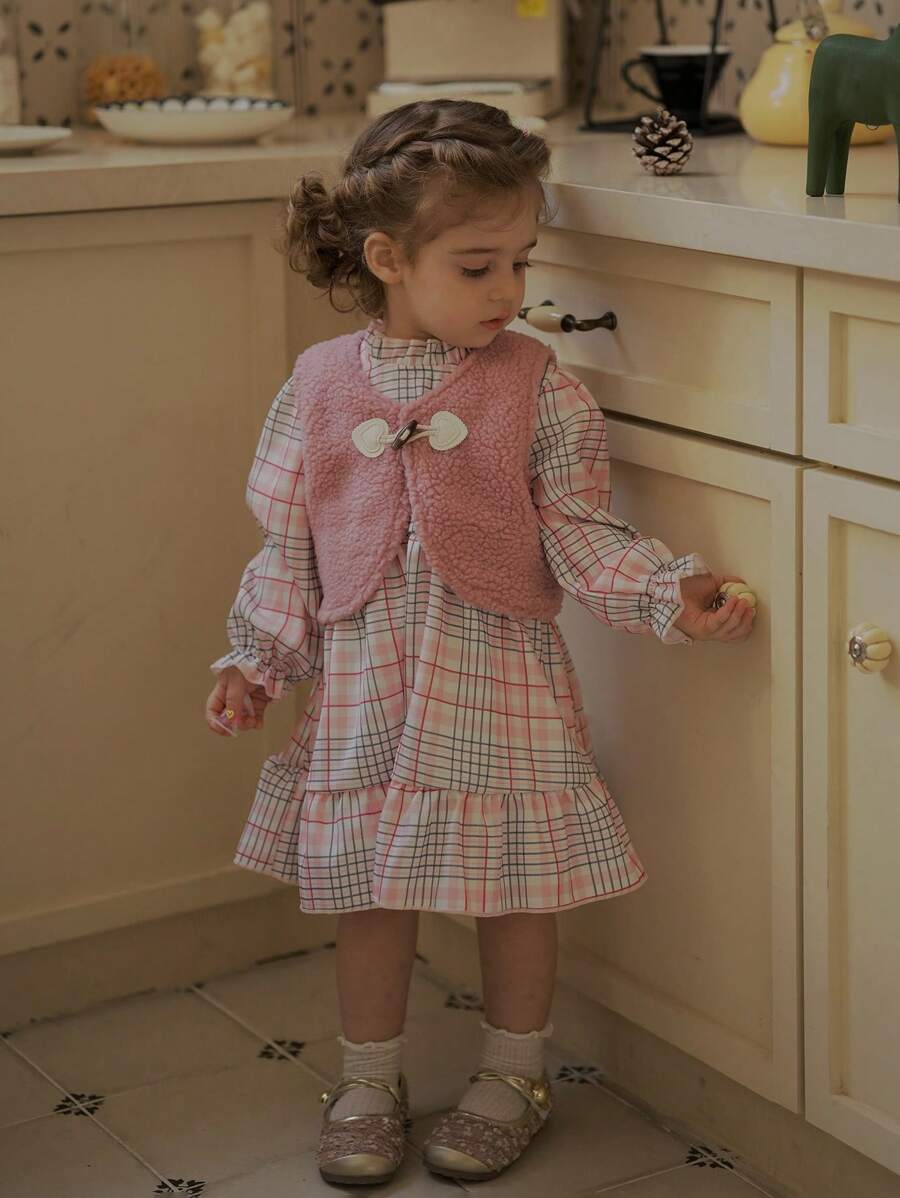 SHEIN 2pcs Baby Girl Plus Fleece Thick Vest Dress Suit, Pink Plaid Princess Dress, Spring Autumn - Pink - View 1