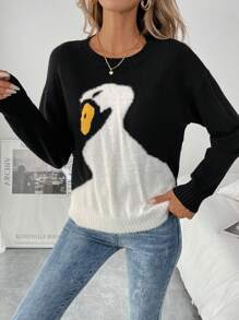 SHEIN LUNE 圆领长袖动物纹极简套头毛衣，休闲日常穿着，秋冬针织套头衫 - 黑色 - 查看 3