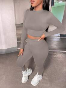 Slaydiva Bộ đồ bó hai mảnh tập yoga và áo thun croptop màu trơn - Màu Xám nhạt - Xem 7