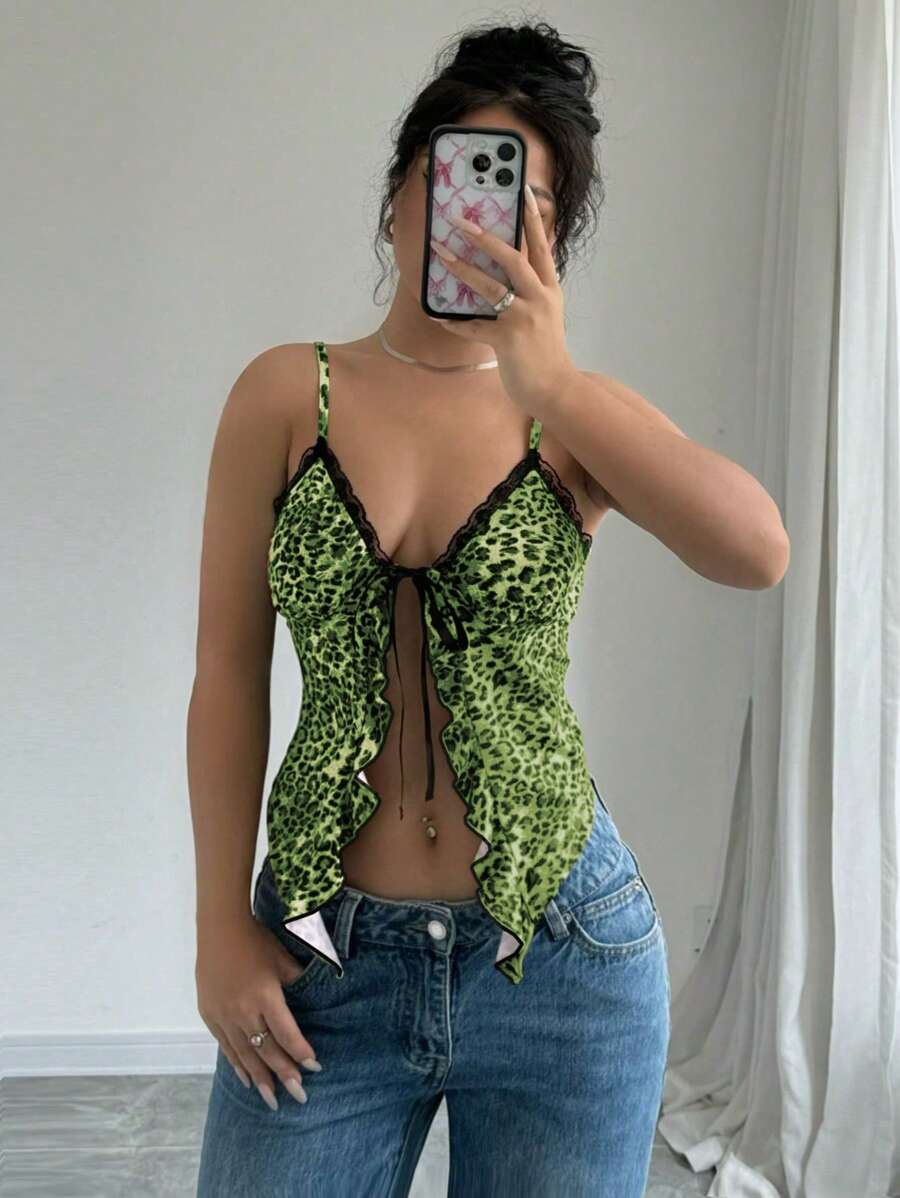 SHEIN LUNE Women's Lace Trim Tie-Up Leopard & Floral Print Frill Hem Tank Top - Green - View 1