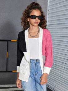 Tween Girls Simple And Versatile Textured Midi Knitted Cardigan, Long Sleeve, Autumn/Winter - Multicolor - View 1