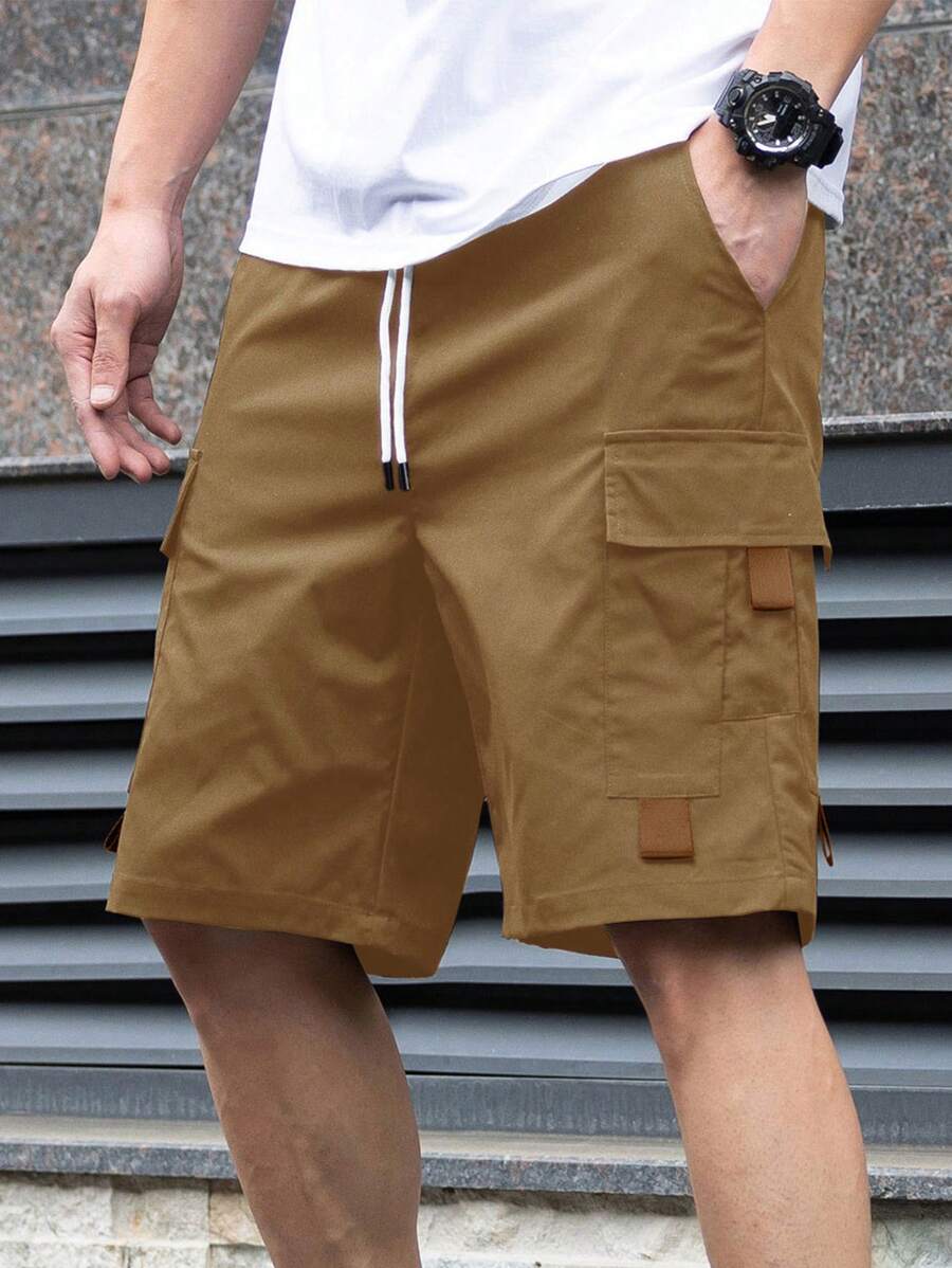 Manfinity Homme 男士實色工作服短褲，帶口袋和繫帶鬆緊腰帶，寬鬆版型 - 卡其色 - 查看 1