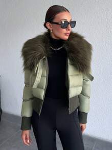 EURMUSE 人造毛皮连帽衫 拉链宽松时尚加垫冬季外套 - 綠色 - 查看 7