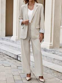 EMERY ROSE 女士波尔卡圆点印花单扣长袖西装外套和长裤优雅套装 - 杏色 - 查看 3