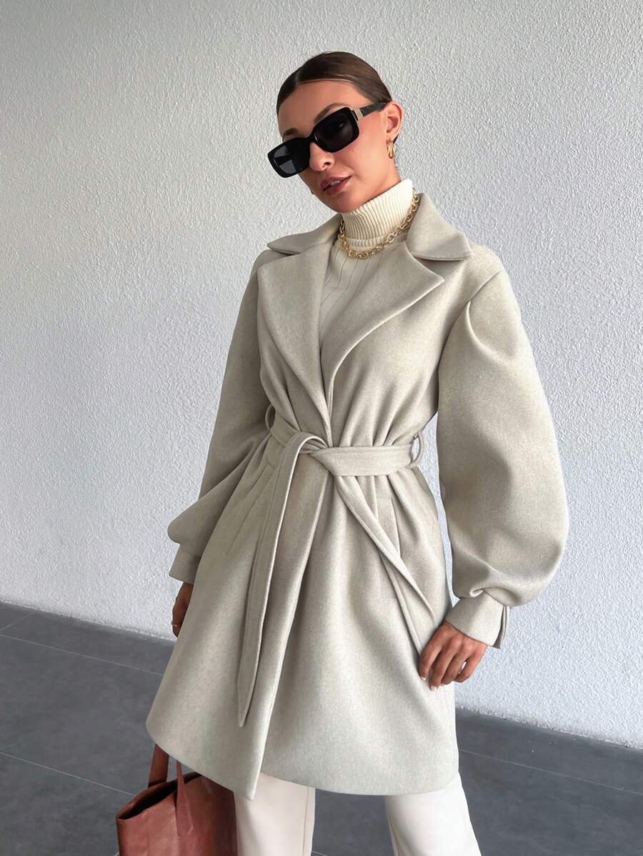 EURMUSE Lapel Neck Lantern Sleeve Belted Overcoat - Beige - View 1