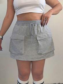 Flirla Back To School Gray Casual Utility Skirt With Pockets, Elastic Waist, Drawstring - Grey - View 5