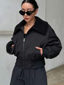 DAZY Abrigo acolchado para mujer, forrado térmico, parche de borreguito sintético, chaqueta estilo motocicleta - Negro - Ver 2