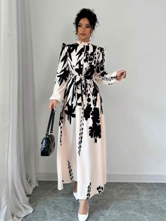 Elenzga Damen Maxikleid mit Taillenzug und Blume Muster, Damen Outfit