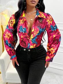 Zolique Women Colorful Floral Print Long Sleeve Shirt - Red - View 6