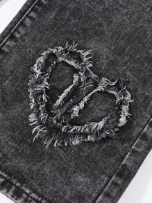 SHEIN 少女时尚爱心刺绣宽松舒适阔腿牛仔裤 - 黑色 - 查看 4