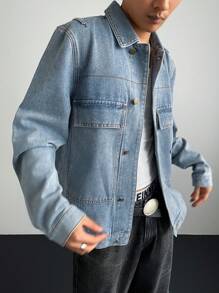 Manfinity Homme 男士前扣长袖仿口袋简约牛仔夹克，休闲日常穿着 - 藍色 - 查看 4