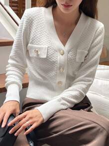 DAZY Women's Solid Color Long Sleeve Button Design Casual Business Cardigan, Autumn - Beige - View 6