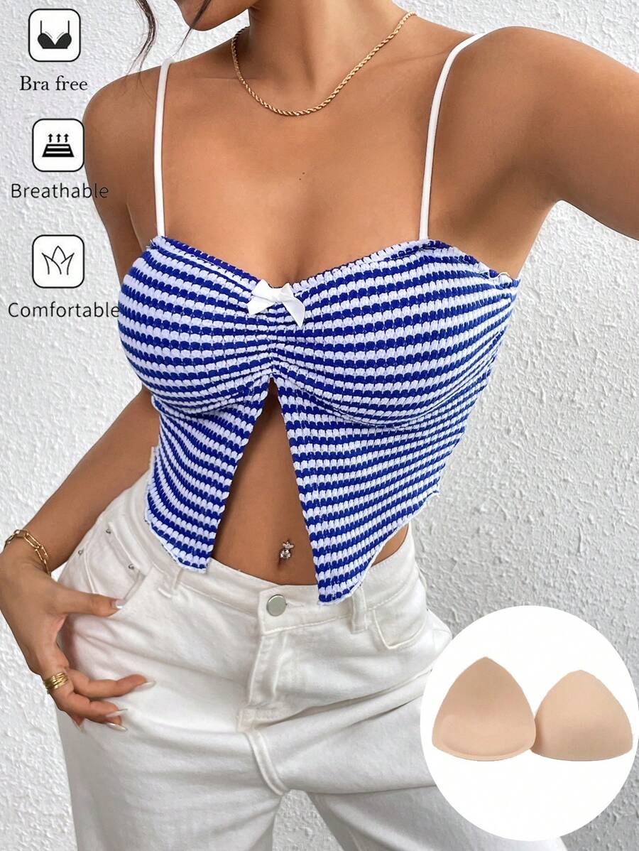 SHEIN Essnce Regata Feminina Casual dos Anos 90 com Enchimento no Busto, Respirável - Azul e Branco - Visão 1