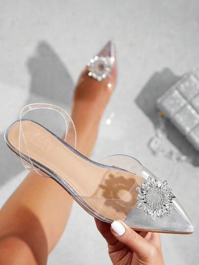 CUCCOO SZL Woman Shoes Fashion Back Strap Rhinestone Decorated Silver Flat Shoes For Summer Vacation Shoes Summer Elegant Flats Party Baddie Chic Gorgeous Style Spring Shoes Spring Break Easter For Christmas Spring Shoes