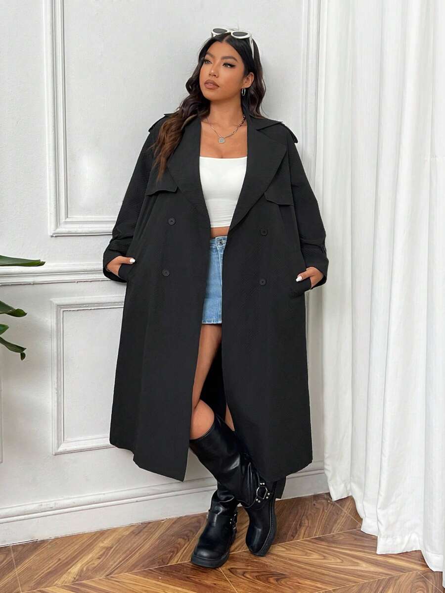 SHEIN EZwear Áo khoác dài bó eo màu đen cổ điển cỡ lớn, thu đông - màu đen - Xem 1