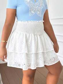 SHEIN Tween Girls Extended Size Loose Casual Double Layer Embroidered Fabric High Waist Skirt