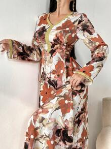 Al Najma 女式花卉印花长袖阿拉伯风格朴素连衣裙，优雅 A 字型阿拉伯卡夫坦 Jalabiya 朴素连衣裙 - 橘色 - 查看 3