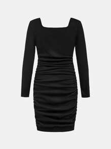 SHEIN 2pcs Tween Girls Knit Square Neck Ruched Splice Sheer Sleeve Long Dress Set