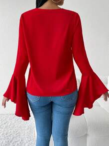 Chiquease Blusa con escote en V con volantes y mangas acampanadas para mujer