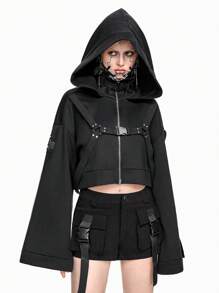 ROMWE Grunge Punk Áo hoodie oversize phong cách đường phố có dây rút màu đen trơn dành cho nữ - màu đen - Xem 4