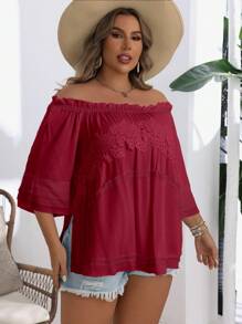 SHEIN VCAY 大码纯色露肩撞色蕾丝荷叶边下摆休闲度假衬衫 - 酒紅色 - 查看 5