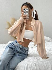 SHEIN EZwear قميص كاجوال أكمام طويلة أمامي أزرار لون أحادي قطعة واحدة - لون مشمشي - مشاهدة 3
