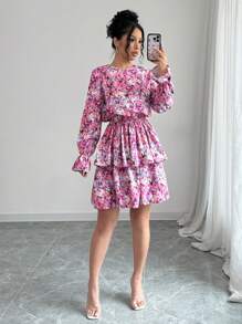 Chiquease Váy babydoll dáng chữ A rộng rãi cổ chữ V họa tiết hoa - Màu tím - Xem 1