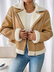 Chiquease 纯色前拉链长袖开衫，绒面复合夹克 - 駝色 - 查看 6