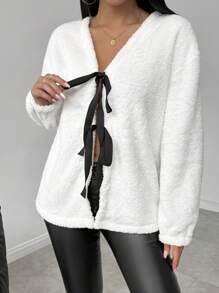 Chiquease Women Contrast Color Warm Fleece Hooded Jacket With Front Tie - White - View 4