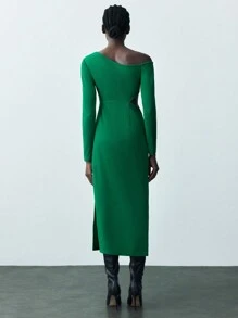 Maija Women's Solid Color Asymmetrical Neckline Long Sleeve Dress Classy Green Dress Elegant Knitted Dress