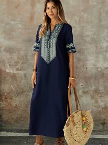 EMERY ROSE Women's Solid Color Patchwork Short Sleeve Casual Long Dress,Summer Dresses
Spring Clothes - Navy Blue - View 4